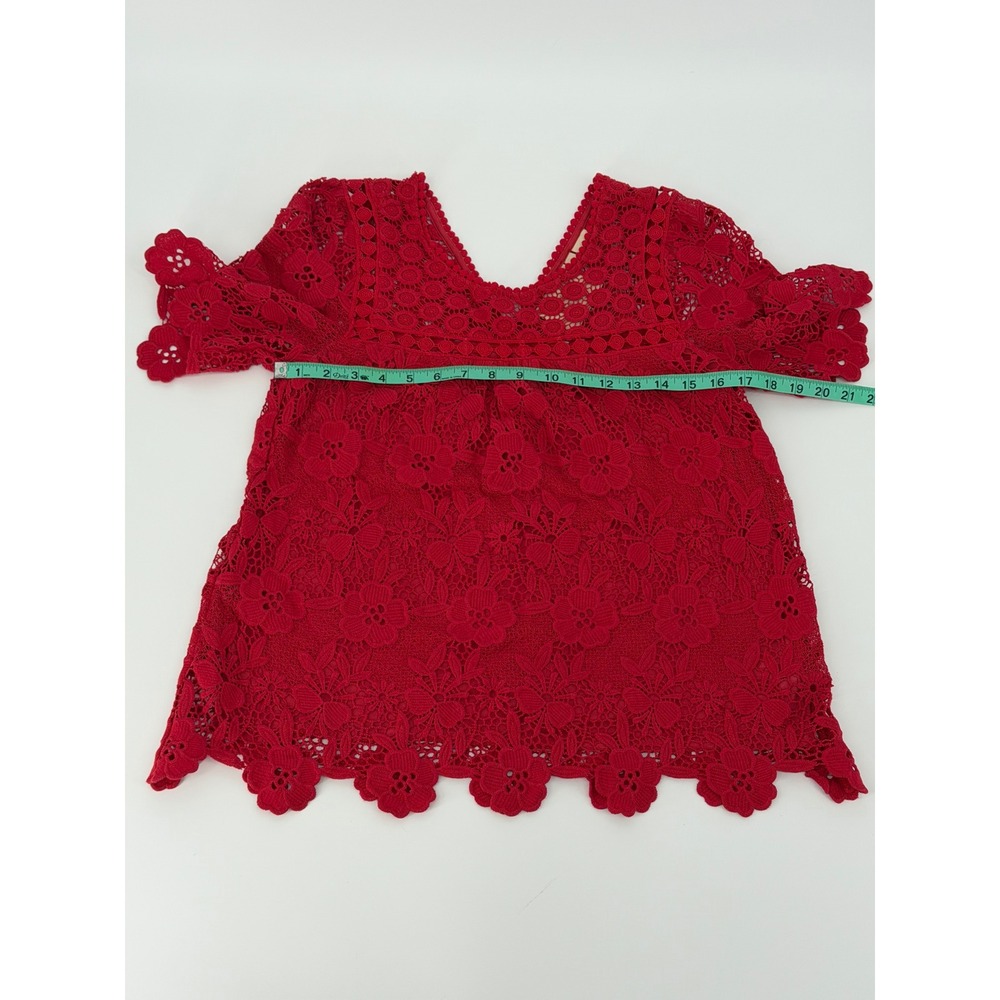 Vanessa Virginia Anthropologie Red Floral Lace Scalloped‎ V-Neck Short Sleeve 4 - Picture 3 of 9